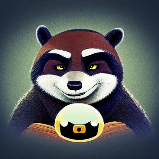 Image similar to “ portrait of a racoon in the style of kung fu panda holding laser gun, with a black background, digital art, award winning, trending on art station, retro style ”