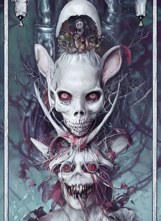 Image similar to Alice in Wonderland White Rabbit Death Tarot card,highly detailed,half skull face,cinematic,8k,by Stanley Artgermm,Tom Bagshaw,Greg Rutkowski,Carne Griffiths, Ayami Kojima, Beksinski, Giger,trending on DeviantArt,hyper detailed,horror, full of colour