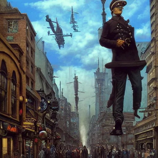 Image similar to a hyperrealistic painting of a steampunk airship pilot standing in the street of a bustling city, blue skies, by john kenn mortensen and zdzislaw beksinski, highly detailed, vivid color,