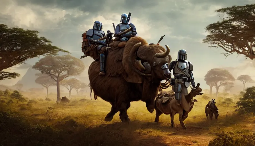 Image similar to mandalorian riding a buffalo through madagascar with baobabs trees, animals chasing, action scene, an epic fantasy, artgerm and greg rutkowski and alphonse mucha, an epic fantasy, volumetric light, detailed, establishing shot, cinematic, photorealistic, hyper detailed, ultra realistic, trending on art station, octane render, midsommar