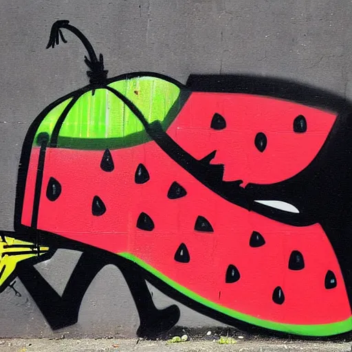 Image similar to a craw eating a watermelon, graffiti, photograph, made by banksy, vivid colors, spray brush, midday, sunny, professional