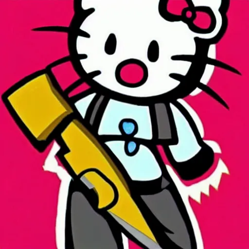 Prompt: a horror movie poster featuring Hello Kitty holding a axe