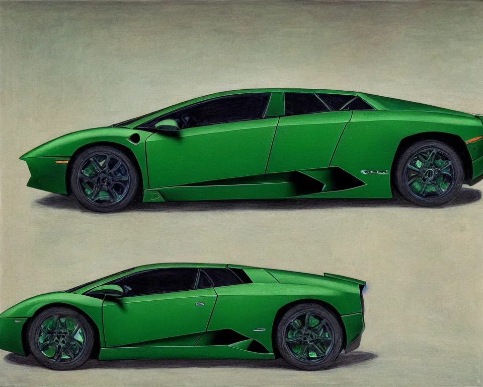 Prompt: an abstract, flat side view of a dark green Lamborghini Murcielago. intricate, vibrant, Raphael, Monet, Rene Margritte.