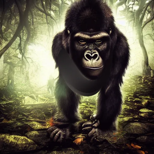 Prompt: demonic gorilla in magical forest, dark atmosphere, high detail, soft lighting