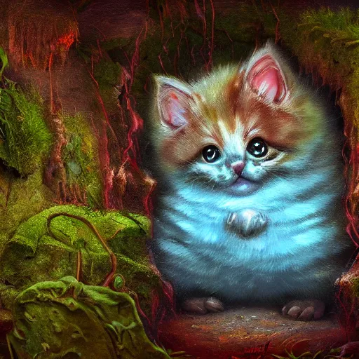 Image similar to rescue from the underworld, shadows of the past, chubby moss kitten, highly detailed, digital painting, HDRI, by tyler boswell and jeff easley, vivid colors, high contrast, 8k resolution, intricate, photorealistic, smooth