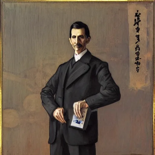 Image similar to portrait of nikola tesla in a laboratory, hanafuda oil on canvas by ivan shishkin, james jean and yoji shinkawa