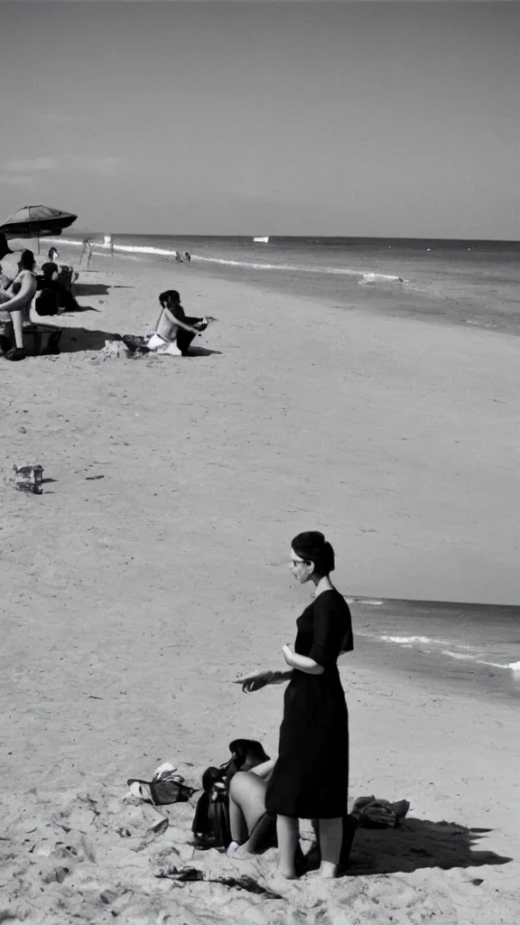 Prompt: a martin parr photo of a woman on the beach