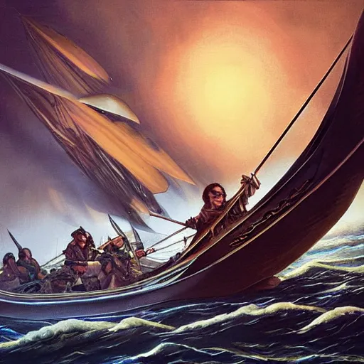 Prompt: a black bird standing at the helm of a wooden rowboat filled with dnd fighters sailing towards a ancient sailboat, painting by artgerm and Jeff Easley