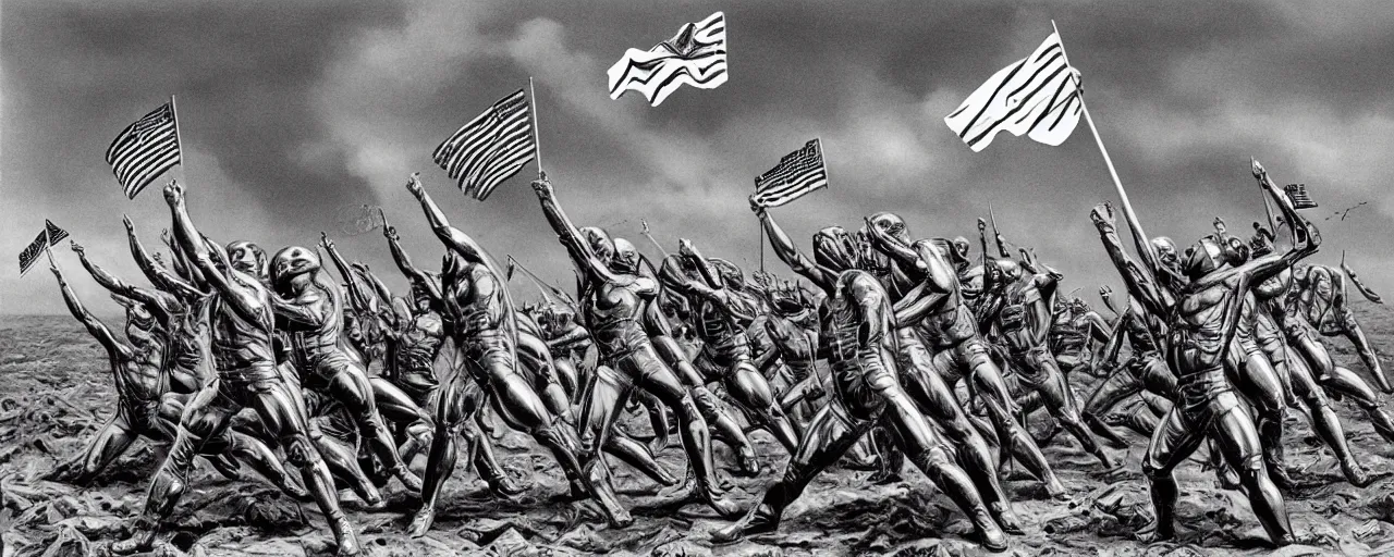 Image similar to androids raising the flag on iwo jima in the style of alex grey and hr giger