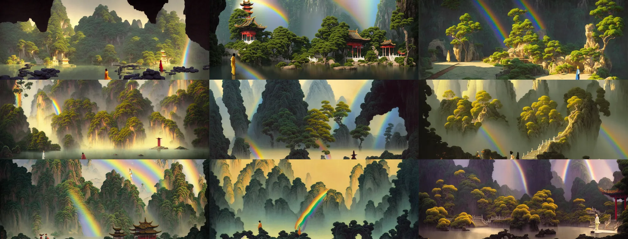 Image similar to a gorgeous landscape painting by barlowe wayne, maxfield parrish and marco mazzoni. chinese temple. just one rainbow, rainy mood!! sunny morning. a lonely chinese wuxia walks on the winding stone steps, stone gate to the dark cave, 3 d, octane render, turbulent lake, waterfall, fog, 8 k.