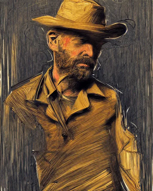 Image similar to an extremely detailed masterpiece portrait of a 1 8 9 0's gunslinger, in the style of frank auerbach, digital art