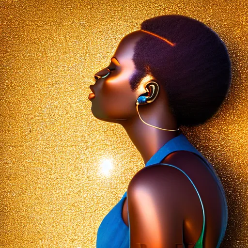 Image similar to portrait of metallic face, african woman, mercury, mirror reflections, smooth, liquid metal, proud, looking away, outdoor, blue sky, 8 k, realistic, depth of field, award winning photography