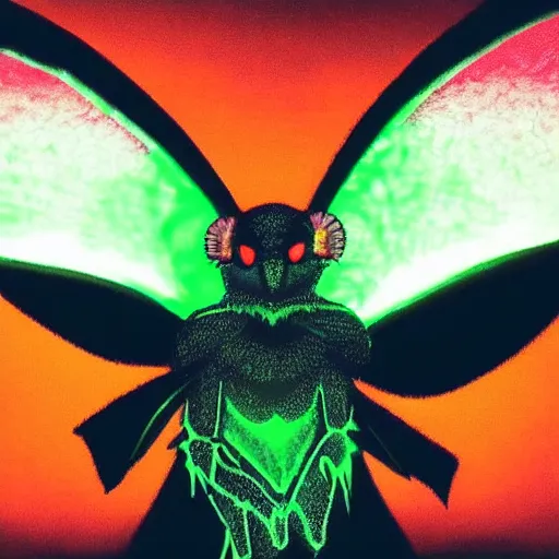 Prompt: mothman sitting in a dark room lit by green glowsticks