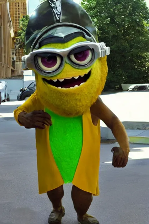 Prompt: a mix of mike wazowski and george clooney wearing a toga and helmet with goggles