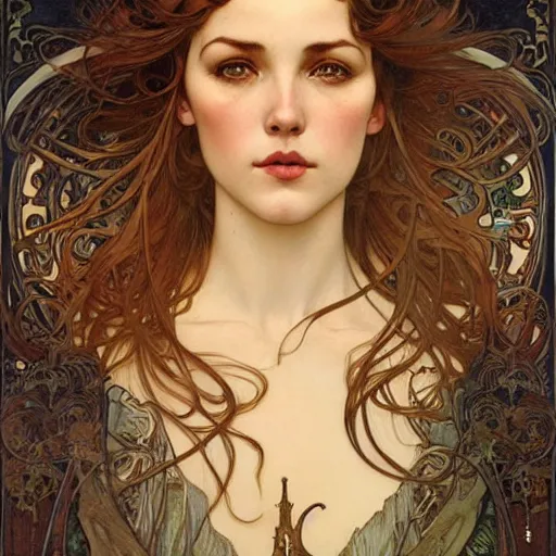 Prompt: realistic detailed face portrait of Tatjana Patitz by Alphonse Mucha, Ayami Kojima, Amano, Charlie Bowater, Karol Bak, Greg Hildebrandt, Jean Delville, and Mark Brooks, Art Nouveau, Neo-Gothic, gothic, rich deep moody colors