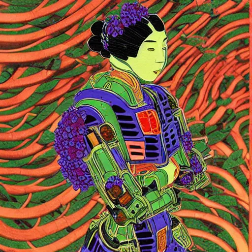 Image similar to colourful vfx art - portrait of army mecha robot wrapped in flowers & vines, art by utagawa kunisada & tadanori yokoo, volumetric light, ray tracing, sharp, detailed, digital painting, illustration, highly detailed, intricate detail, unreal engine, octane render, pinterest, behance, art station,