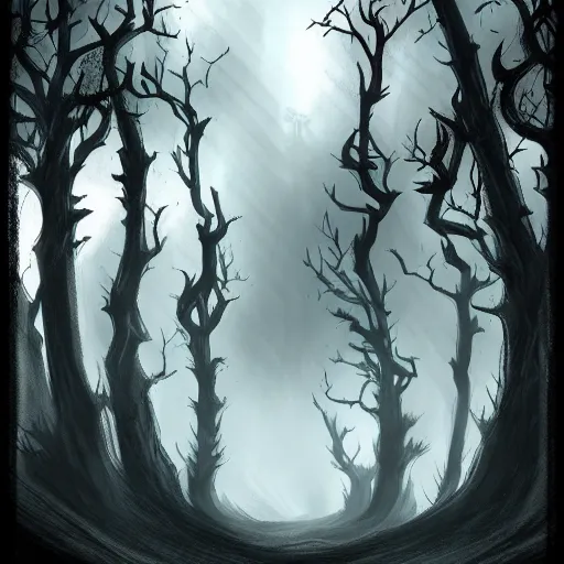 Image similar to dark fantasy landscape forest in the style of symbaroum