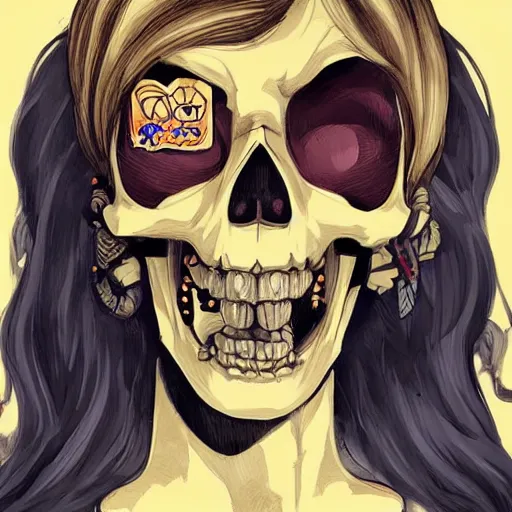 Prompt: anime manga skull portrait young woman skeleton, bart simpson, painterly, logo, graffiti, elegant, highly detailed, digital art, art by jc leyendecker and sachin teng