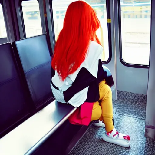 Image similar to A cute anime girl with red hair in a pony tail, she is riding the train to work early in the morning.