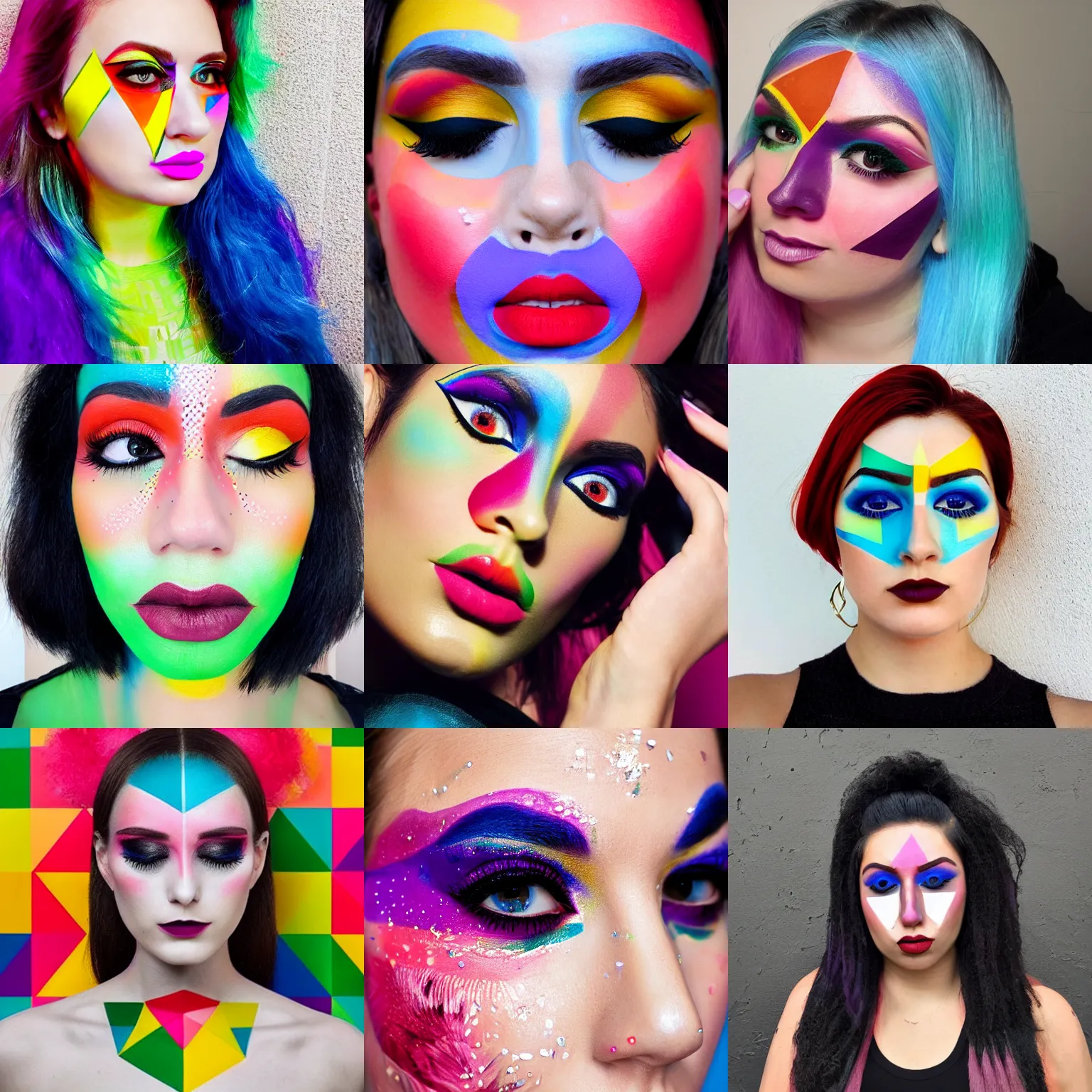 Prompt: a person wearing colorful geometric makeup