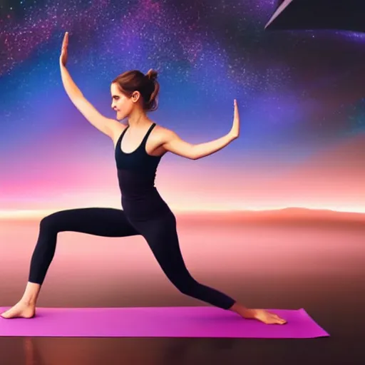 Prompt: emma watson as yoga instructor in space, trending high quality art station, cinematic shot, magical colors and atmosphere, perfect composition, coherent, 8 k