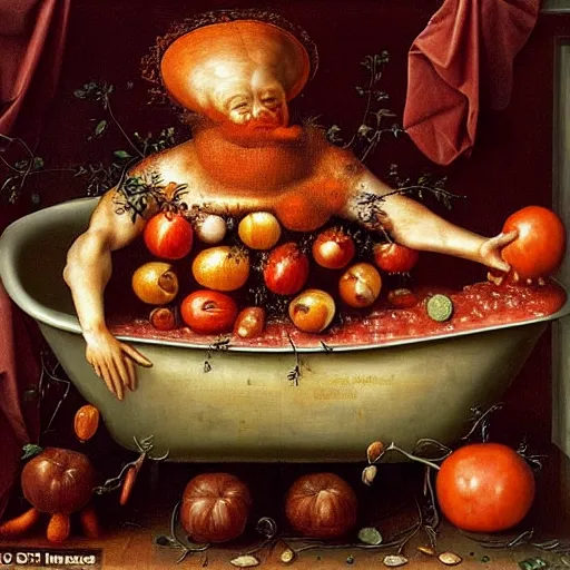 Image similar to a chef sitting in a bathtub full of tomato sauce, dinner is served, by giuseppe arcimboldo and ambrosius benson, renaissance, fruit, intricate and intense oil paint, realistic