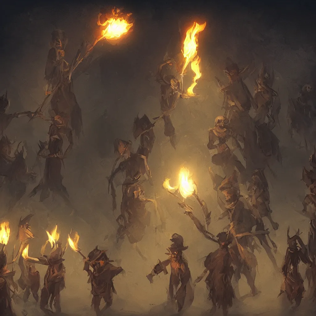 Prompt: detailed illustration of a small group of dark figures carrying torches in a mysterious ritual among pyramids at night, crescent moon shining above, concept art, artstation