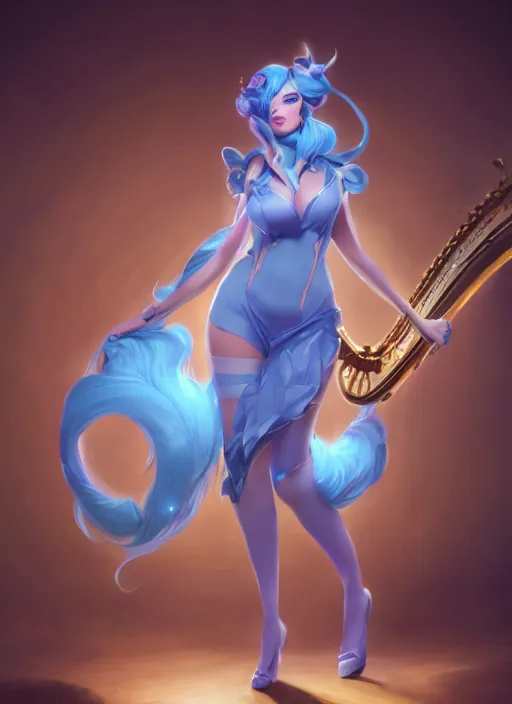 Image similar to sophisticated sona, from league of legends, with an harp, light blue hair, hyper detailed, digital art, trending in artstation, cinematic lighting, pawg, studio quality, smooth render, unreal engine 5 rendered, octane rendered, art style by klimt and nixeu and ian sprigger and wlop and krenz cushart