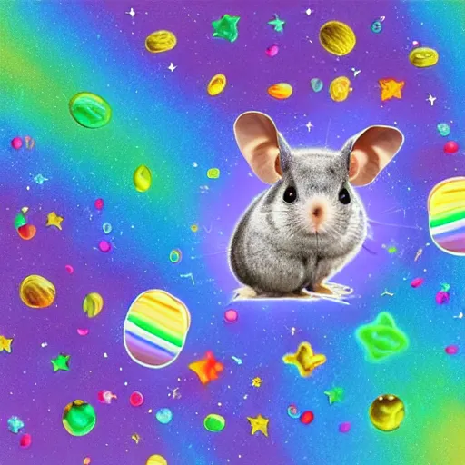 Prompt: cosmic chinchilla pooping rainbow jellybeans, in space, jellybeans behind chinchilla