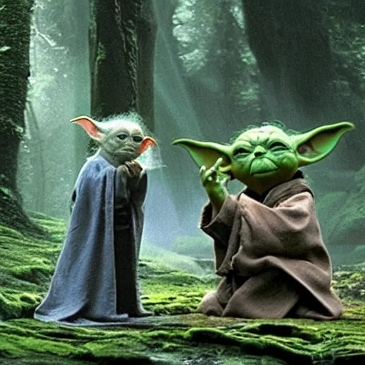 Image similar to members of Yoda's species interacting with eachother on their home planet and conducting rituals together, award winning nature photo