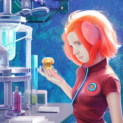 Image similar to British Pokemon original character with wild peach colored hair and heterochromia, Pixar style, beautiful woman, scientist, standing in a lab in front of a giant containment liquid filled tank, by Tristan Eaton Stanley Artgerm and Tom Bagshaw, Makoto Shinkai ilya kuvshinov and Wojtek Fus