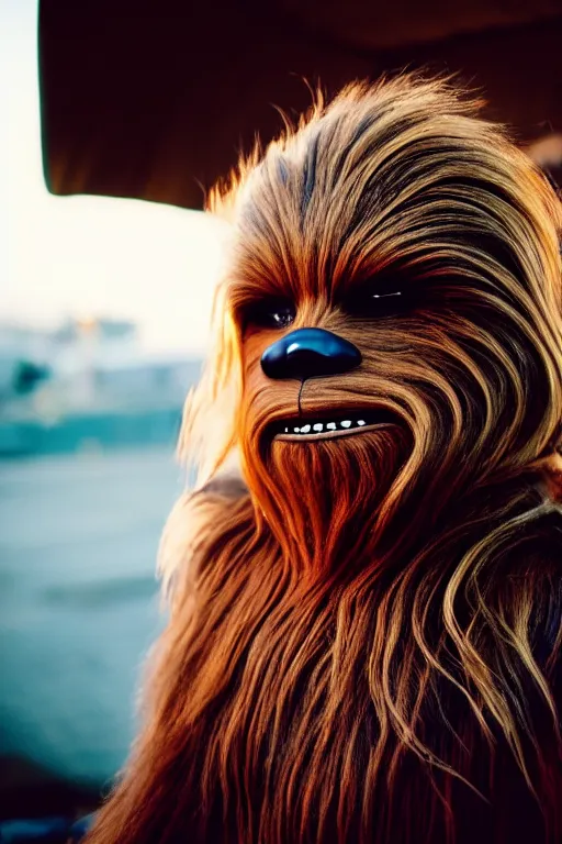 Image similar to photographic portrait of chewbacca suffering from male pattern baldness, cinematic photography, 35mm, evening light