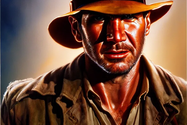 Image similar to hyperrealistic mixed media painting of Indiana Jones, perfect facial symmetry, dim volumetric lighting, 8k octane beautifully detailed render, post-processing, portrait, extremely hyper-detailed, intricate, epic composition, realistic eyes, cinematic lighting, masterpiece, trending on artstation, stunning, art by P. Craig Russell and Barry Windsor-Smith