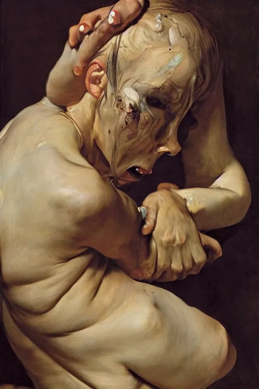 Image similar to a woman enraged, part by Jenny Saville, part by Vermeer