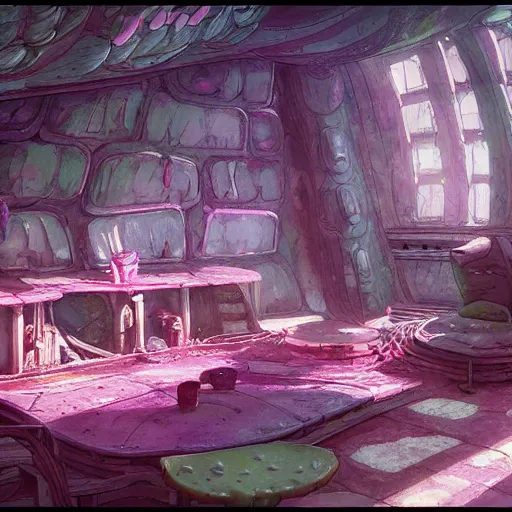 Image similar to concept art painting of a interior of an alien fantasy fungus house, realistic, detailed, cel shaded, magenta, dark, in the style of makoto shinkai and greg rutkowski and james gurney