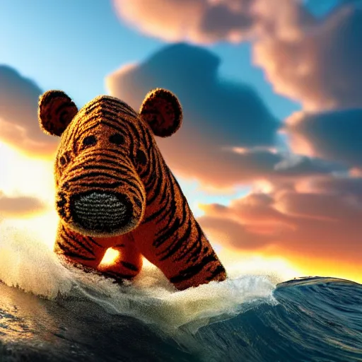 Image similar to a closeup photorealistic photograph of a knitted tiger hippopotamus that is riding a large wave during sunset. surf in the background. professional capture. brightly lit scene. this 4 k hd image is trending on artstation, featured on behance, well - rendered, extra crisp, features intricate detail, epic composition and the style of unreal engine.