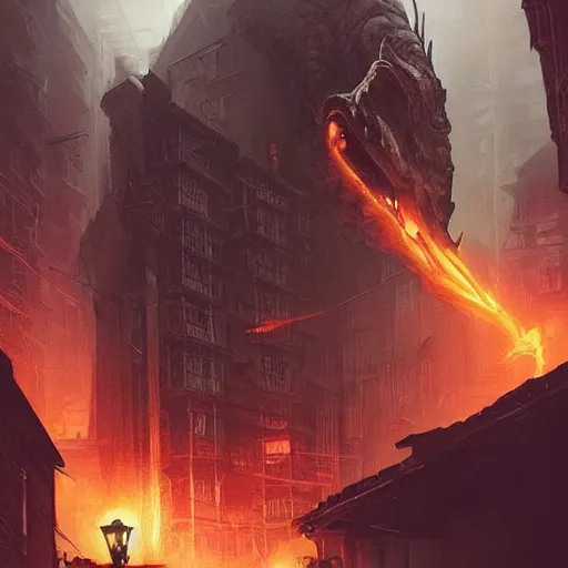 Image similar to “a creepy criminal magic city, similar to Knock Turn Alley, the sky is flayed like Doctor Strange, dinosaurs walking on street, D&D, fantasy, intricate, cinematic lighting, highly detailed, digital painting, artstation, concept art, smooth, sharp focus, illustration, art by Artgerm and Greg Rutkowski and Alphonse Mucha”