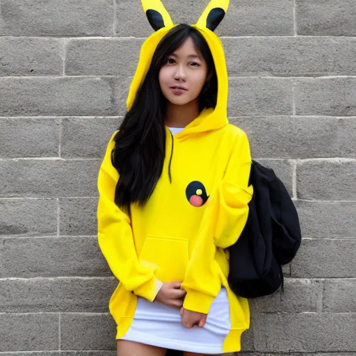Prompt: an asian girl wearing a bright yellow hoodie with pikachu ears, full body shot,