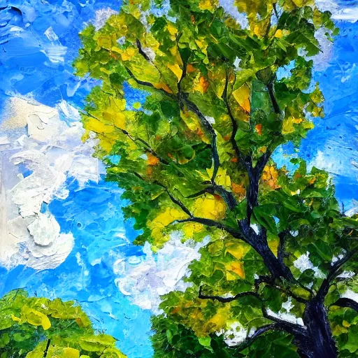 Prompt: oil paint impasto reliefs of looking up at a large sunny oak tree, through to beautiful clouds, thick heavy painterly style using a palette knife - i