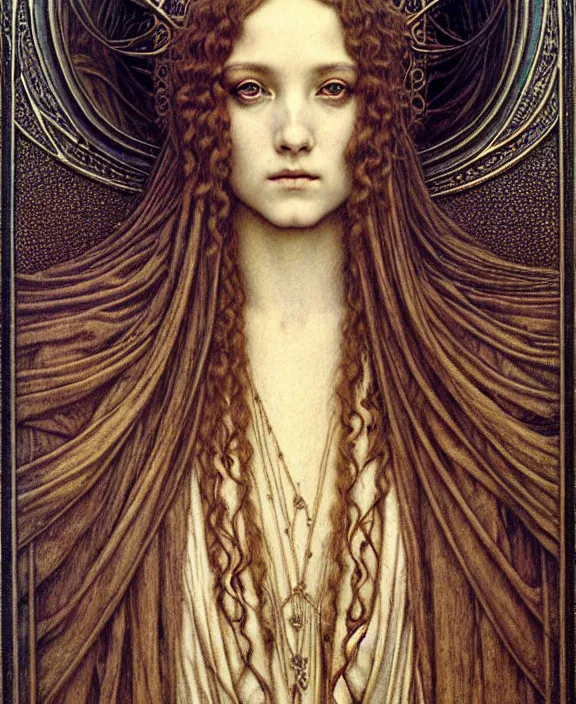 Image similar to detailed realistic beautiful young medieval queen face portrait by jean delville, gustave dore and marco mazzoni, art nouveau, symbolist, visionary, gothic, pre - raphaelite. horizontal symmetry