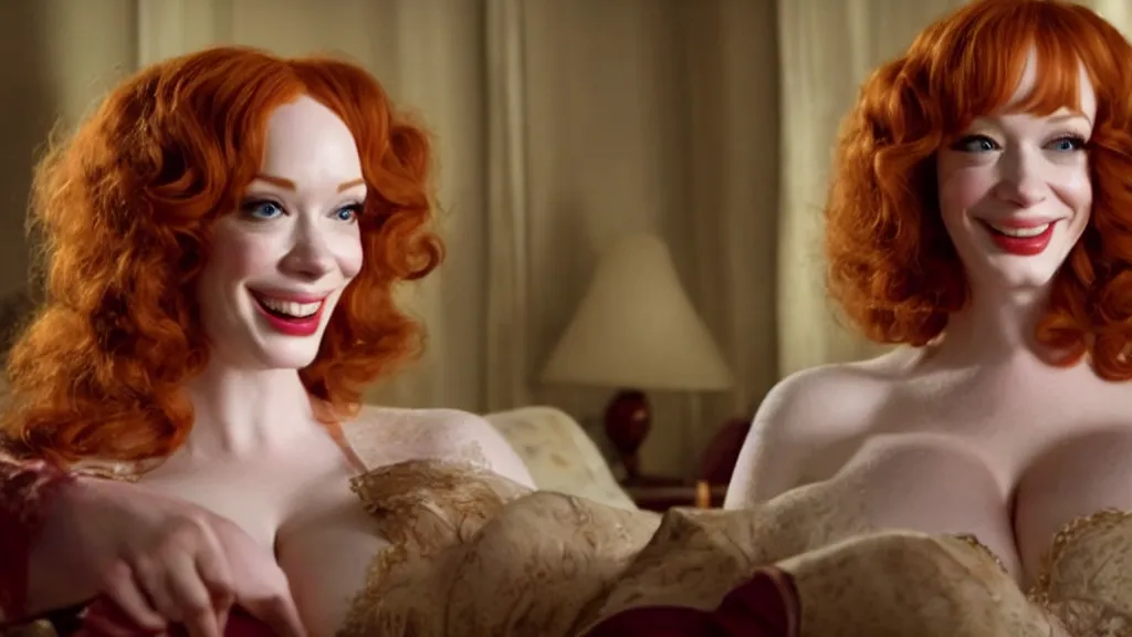 Image similar to a very happy beautiful Christina Hendricks in the living room, film still from the movie directed by Denis Villeneuve with art direction by Salvador Dalí, wide lens