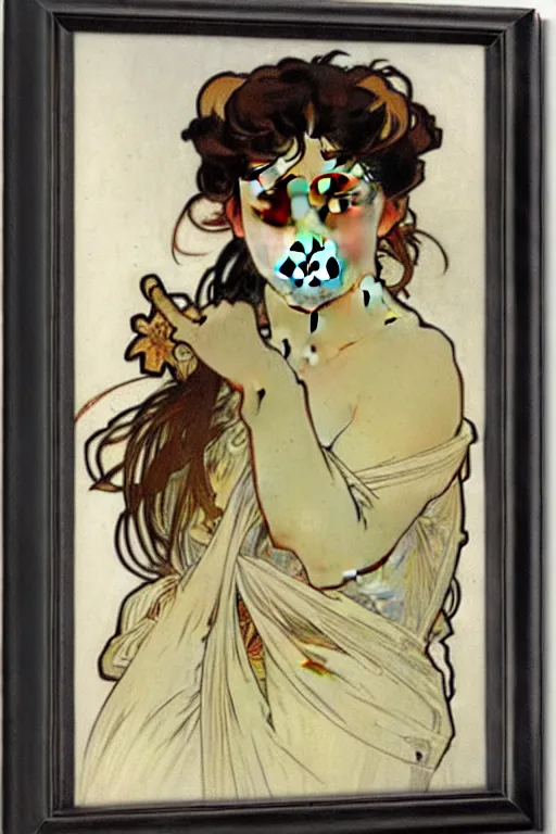 Image similar to cute girl portrait with open chest white ancient clothes by Alphonse Mucha