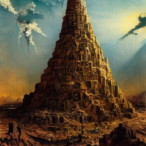 Prompt: babel tower in post apocalyptic Babylon , painting by frazetta, low angle,wide angle, panorama