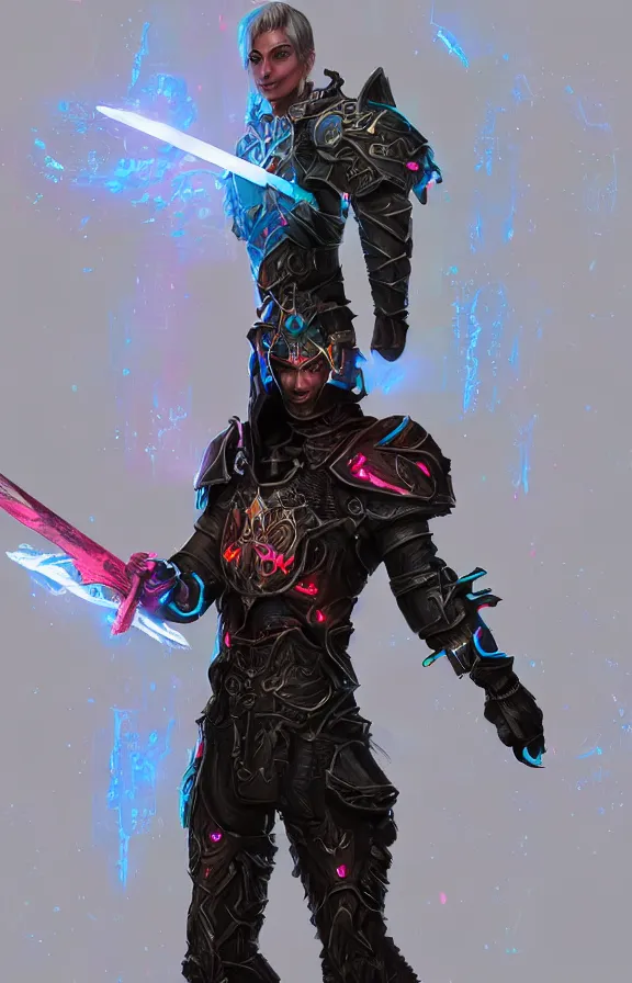 Image similar to fantasy neon warrior futuristic armor, great glowing sword, character art, 4k digital render, artstation