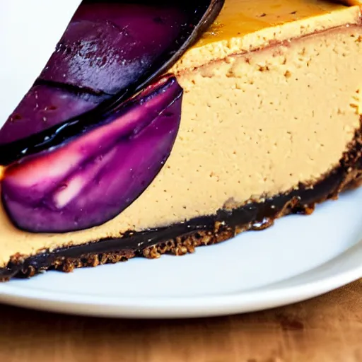 Image similar to close view of a delicious sweet and perfect eggplant cheesecake piece, award winning, 4 k, beautiful