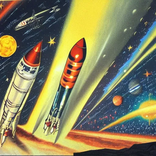 Prompt: rough texture, tempera, rockets, astronauts and space colonies, utopian, by david a. hardy, wpa, public works mural, socialist, propaganda