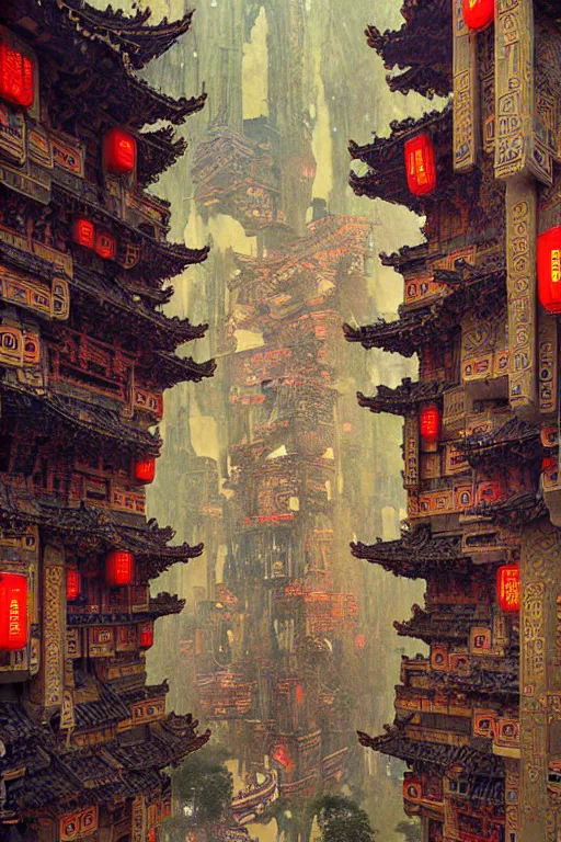 Image similar to cyberpunk chinese ancient castle, fantasy, painting by Gustav Klimt, greg rutkowski and alphonse mucha