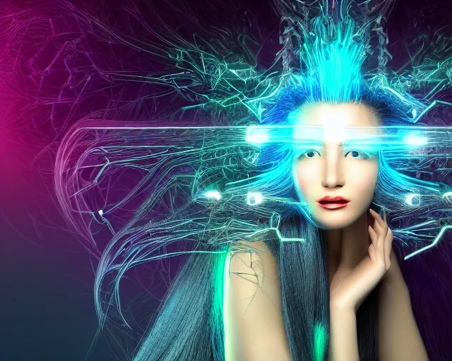 Image similar to cyberhair, complex cyberneticbeings, beautiful hairy cyberhumanoids, cybermagnetosphere, cybernetic ornate hair, love, joy, vortexes, large cyberarrays data holograms, 8 k, ultra hd, light shadows, wet hdr refractions, *, * * *, * * * * *