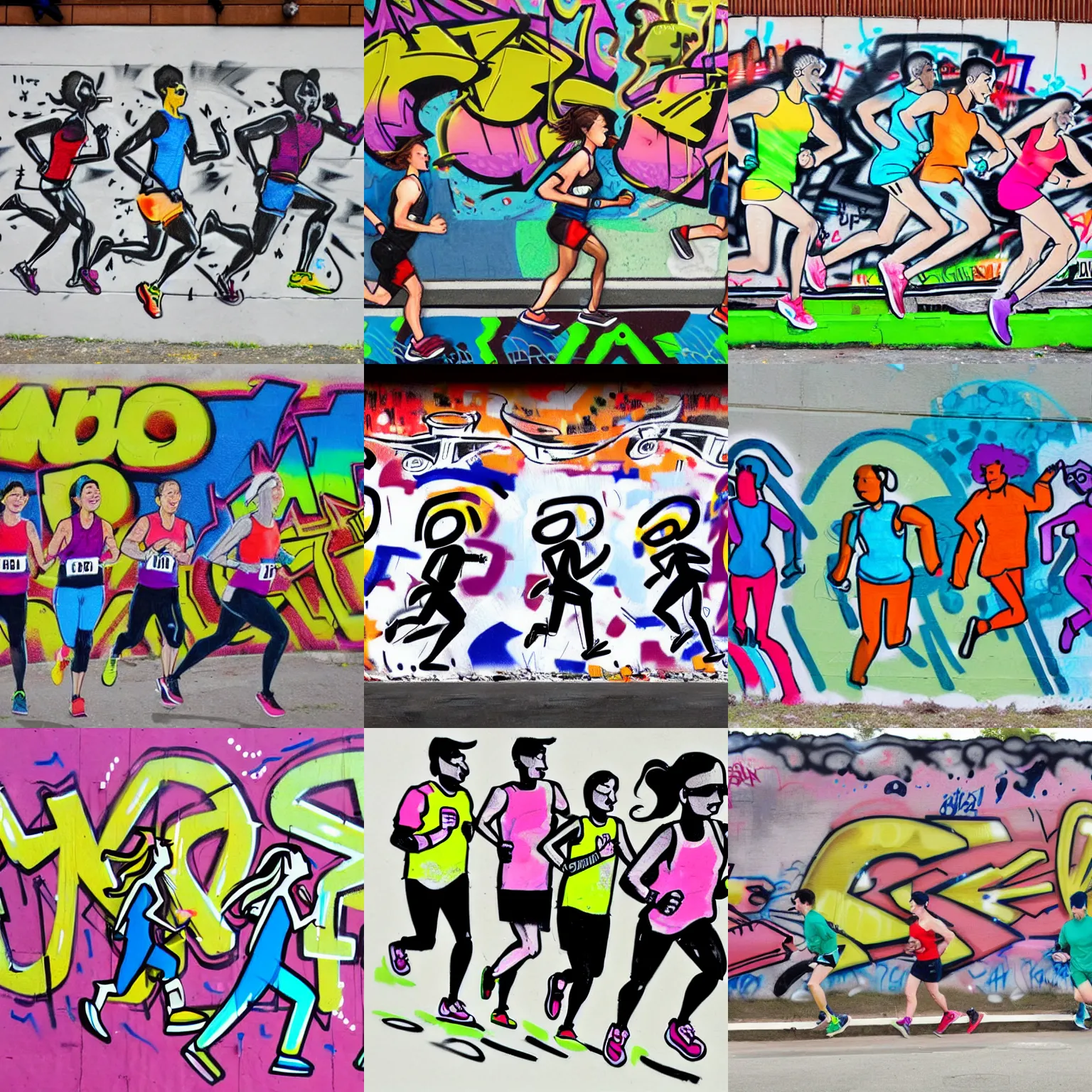 Prompt: a graffiti drawing of three people running a marathon