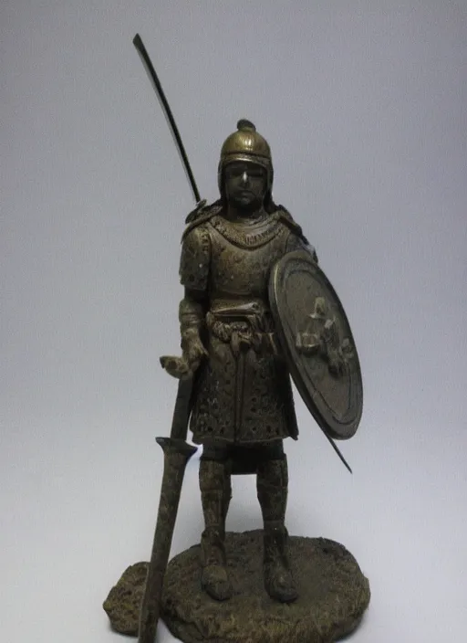 Prompt: Images on the store website, eBay, Miniature Statue of a Ancient Warrior with Shield